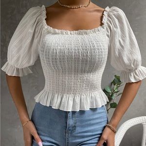 Full Trim Puff Sleeve Ruffle Hem Top / White